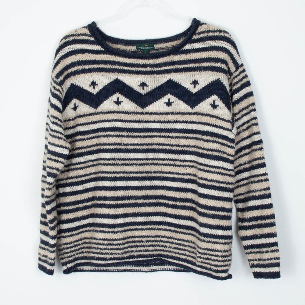 Lauren Ralph Lauren Chevron Striped Wool Blend Sweater Size XL Fair Isle Nordic